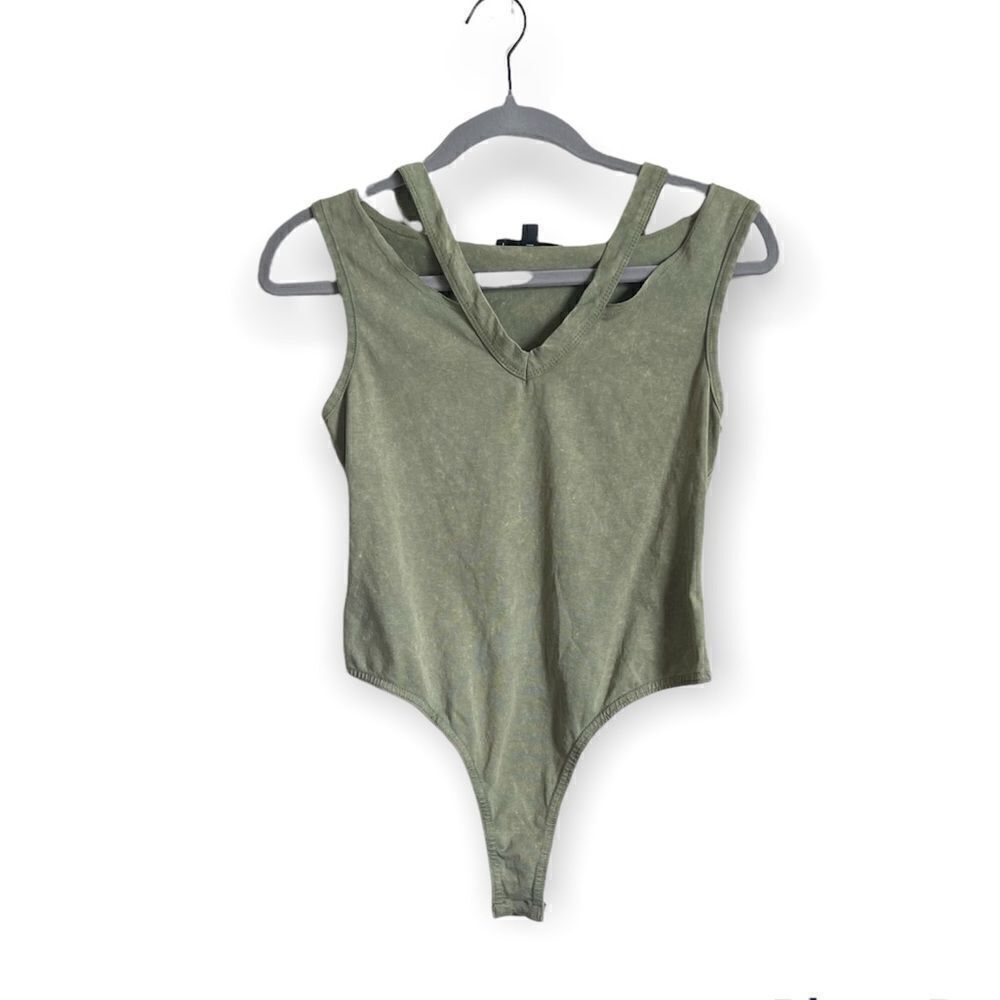 Missguided Green Acid Wash Cutout V Neck Bodysuit Size Medium